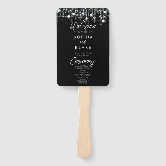 Zwart & Wit Hangende Lichten Huwelijksprogramma Handwaaier (Voorkant)