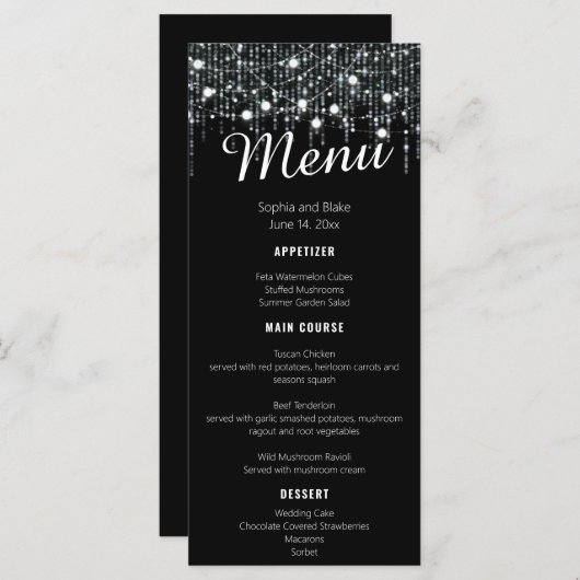 Zwart & Wit Hanglampjes Trouw Plat Menu (Voorkant / Achterkant)