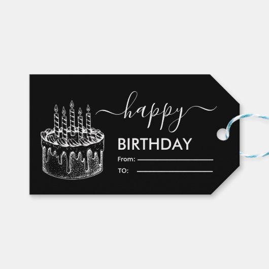 Zwart-wit Happy Birthday Cadeaulabel (Voorkant (Horizontaal))