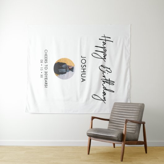 Zwart & Wit Happy Birthday Foto Feest Achtergrond Wandkleed (In Situ (horizontaal))