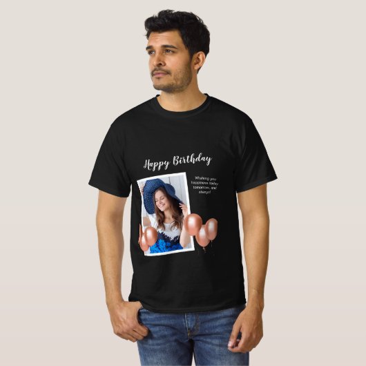 Zwart-wit Happy Birthday foto T-shirt (Voorkant volledig)