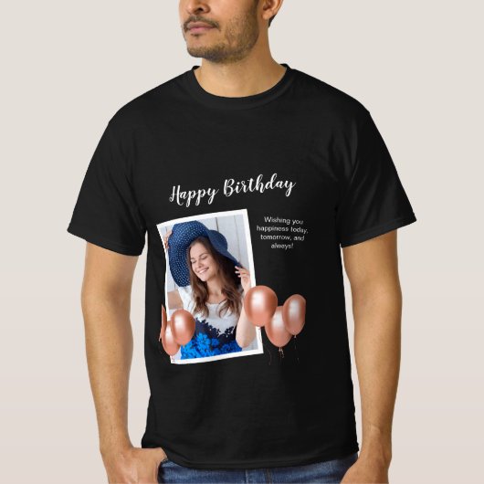 Zwart-wit Happy Birthday foto T-shirt (Voorkant)
