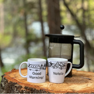 Zwart & Wit Happy Campers Gepersonaliseerde Latte Mok