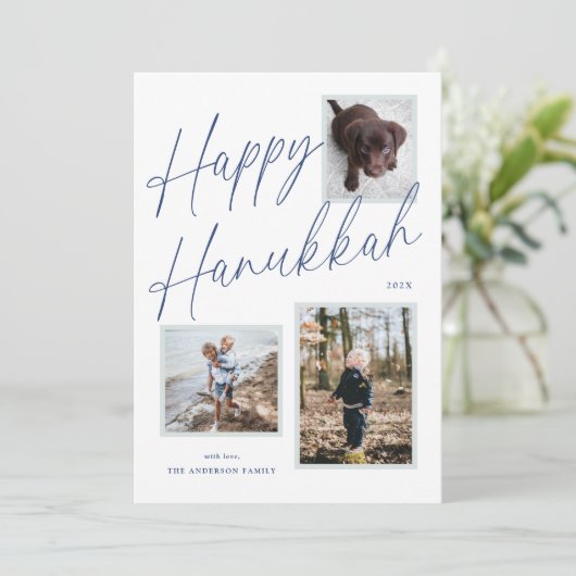 Zwart-wit Happy Chanoeka Script Foto Feestdagenkaart (Staand voorkant)