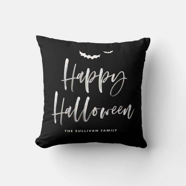 Zwart-wit Happy Halloween Brush Kalligrafie Kussen (Voorkant)