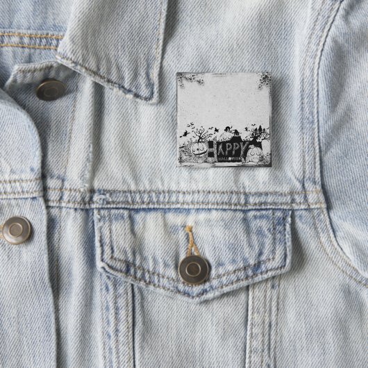 Zwart-wit Happy Halloween Party Vierkante Button 5,1 Cm (In situ)