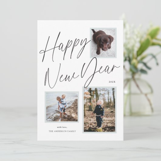 Zwart-wit Happy New Year Script Foto Feestdagenkaart (Staand voorkant)