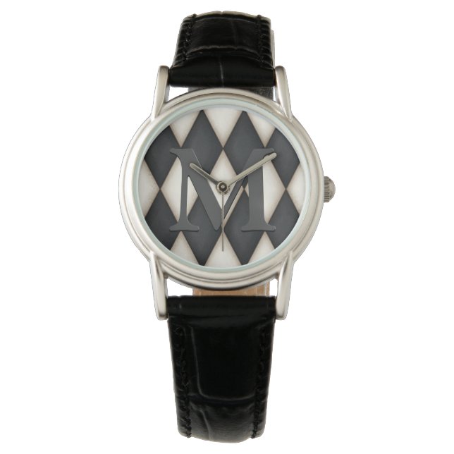 Zwart-wit Harelquin-vinkt Elegant 3-D monogram Horloge (Voorkant)