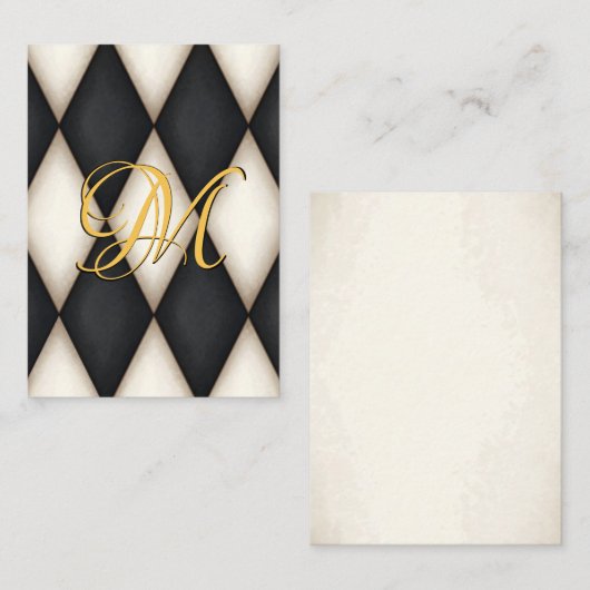 Zwart & Wit Harlekijn Nep Antiek Monogram Notitiekaartje (Voorkant / Achterkant)