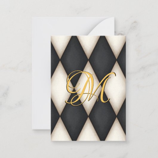Zwart & Wit Harlekijn Nep Antiek Monogram Notitiekaartje (Voorkant)