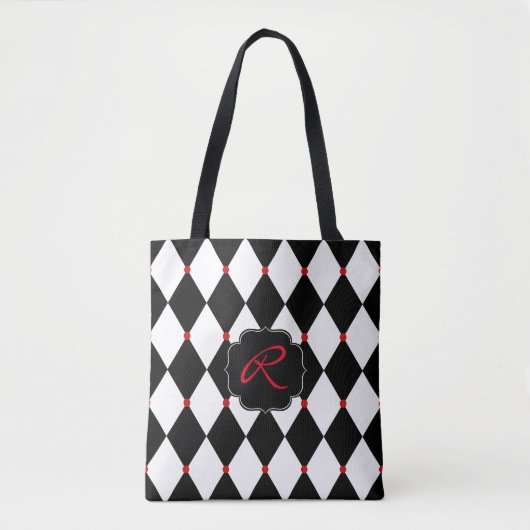 Zwart-wit Harlekijnpatroon met Monogram Tote Bag (Voorkant)