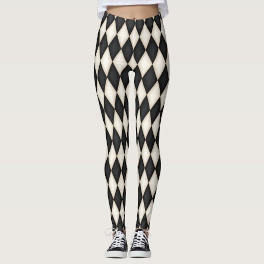 Zwart-wit Harlequin Diamond Check Pattern Leggings (Voorkant)