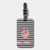 Zwart wit Harlequin Patroon met Rozen en naam Bagagelabel (Voorkant verticaal)
