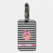 Zwart wit Harlequin Patroon met Rozen en naam Bagagelabel (Achterkant verticaal)
