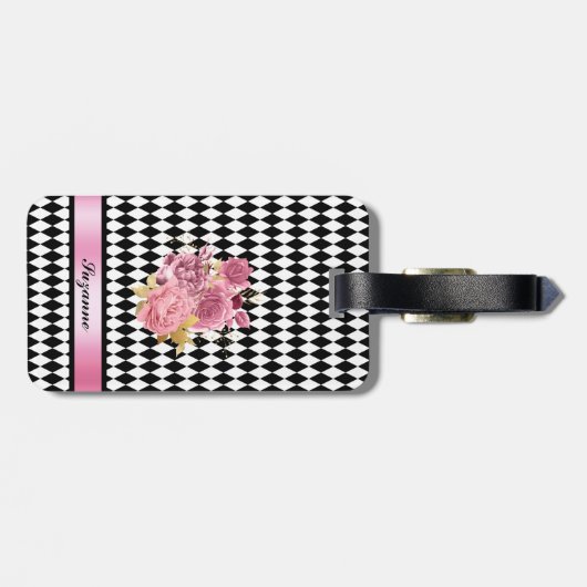 Zwart wit Harlequin Patroon met Rozen en naam Bagagelabel (Achterkant horizontaal)