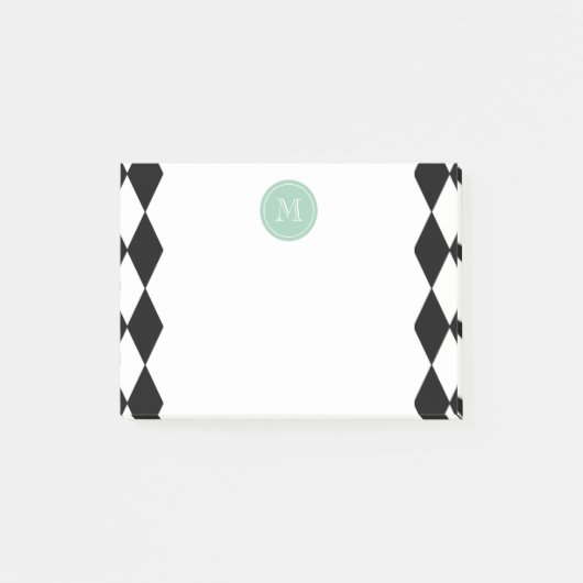 Zwart wit Harlequin Patroon, Mint Groen Monogram Post-it® Notes (Voorkant)