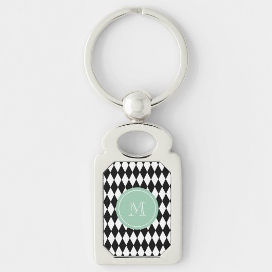 Zwart wit Harlequin Patroon, Mint Groen Monogram Sleutelhanger (Voorkant)