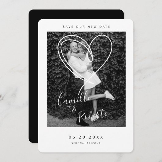 Zwart-wit hart bespaart onze nieuwe moderne datum save the date (Voorkant / Achterkant)