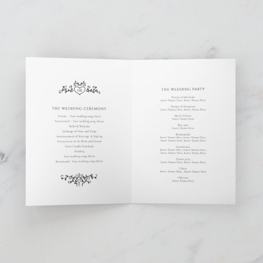 Zwart wit hart en blad monogram kunst bruiloft programma (Binnen)