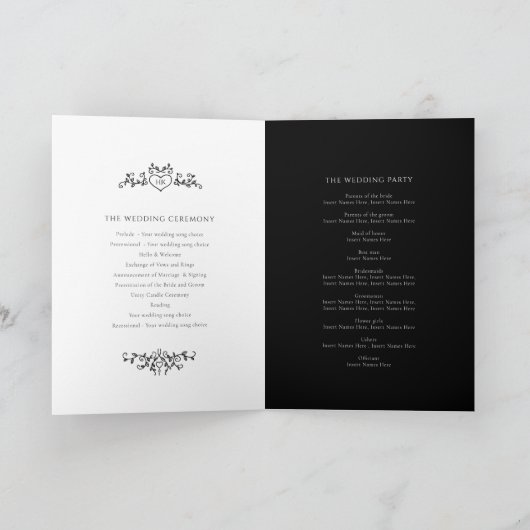 Zwart wit hart en blad monogram kunst bruiloft programma (Binnen)