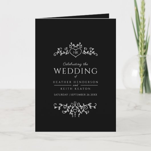 Zwart wit hart en blad monogram kunst bruiloft programma (Voorkant)
