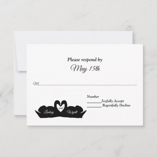Zwart-wit hart en zwanen bruiloft RSVP (Voorkant)
