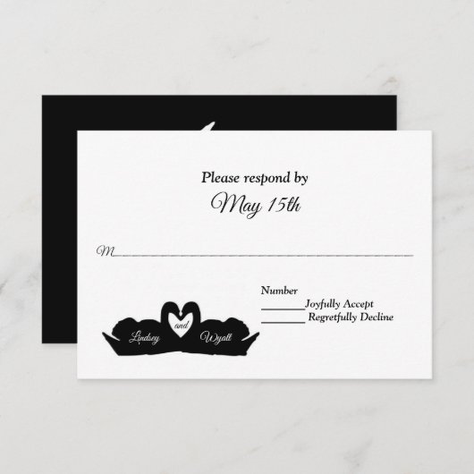 Zwart-wit hart en zwanen bruiloft RSVP (Voorkant / Achterkant)