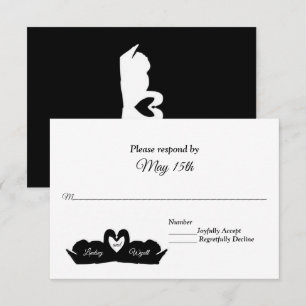Zwart-wit hart en zwanen bruiloft RSVP Kaartje