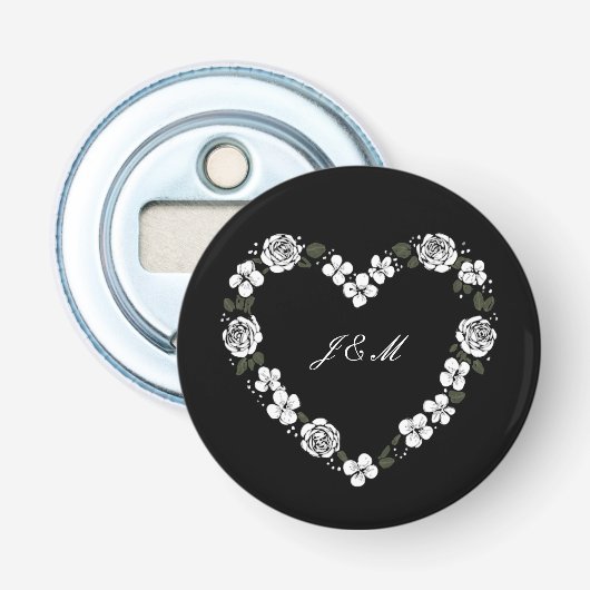 Zwart-wit hart huwelijksflesopener button flesopener (Voorkant)