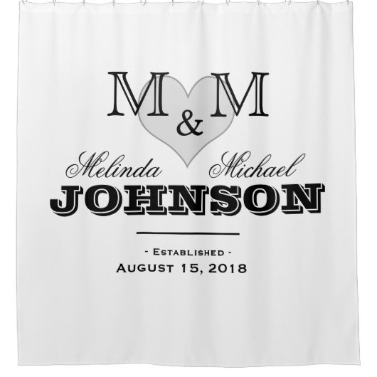 Zwart-wit hart monogram bruiloft douchegordijn (Voorkant)