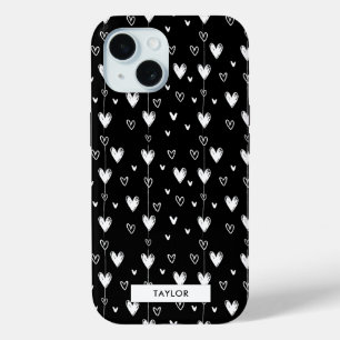 Zwart-wit hart Patroon Monogram Naam iPhone 15 Case