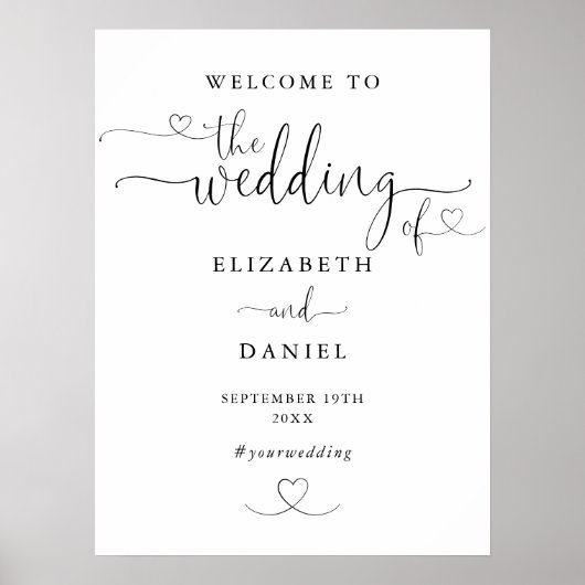Zwart-wit hart script bruiloft welkom teken poster (Voorkant)