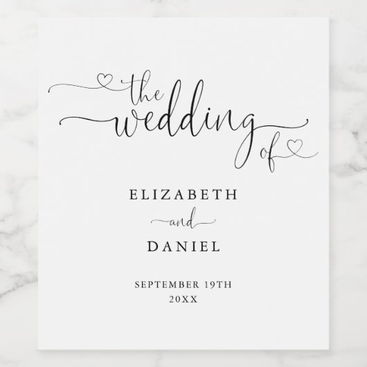 Zwart-wit hart script bruiloft wijn etiket (Enkel label)