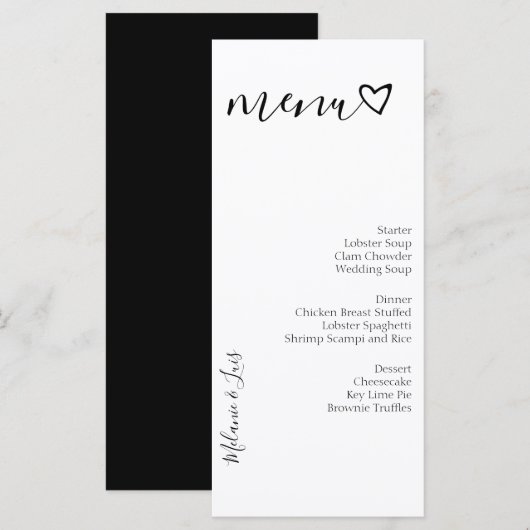 Zwart Wit Hart Trouwmenu  Menu (Voorkant / Achterkant)