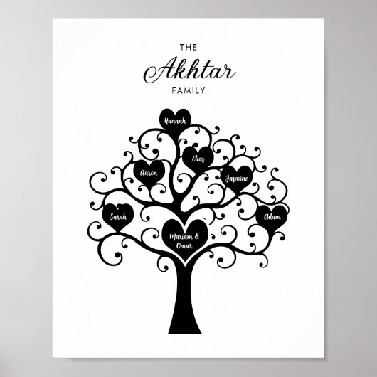 Zwart & Wit Harten Familiestamboom Poster (Voorkant)