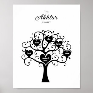 Zwart & Wit Harten Familiestamboom Poster