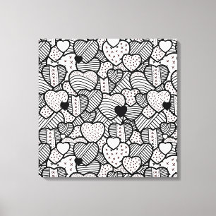 Zwart wit harten patronen canvas afdruk