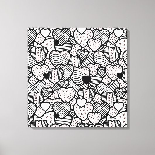 Zwart wit harten patronen canvas afdruk (Voorkant)