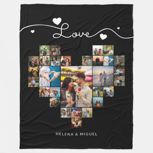 Zwart-wit hartvormig fotocollagescript fleece deken (Voorkant)