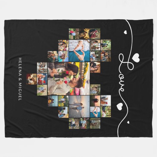 Zwart-wit hartvormig fotocollagescript fleece deken (Voorkant (Horizontaal))