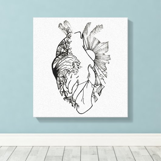 Zwart-wit Hartvormig Ink Art Canvas Print (Insitu (Houten vloer))