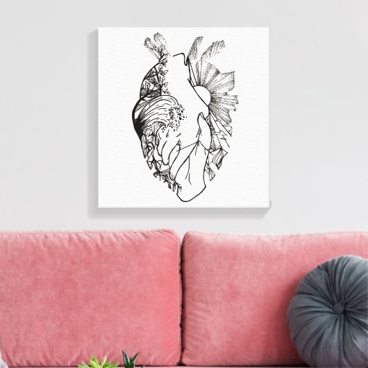 Zwart-wit Hartvormig Ink Art Canvas Print (Insitu (Woonkamer))