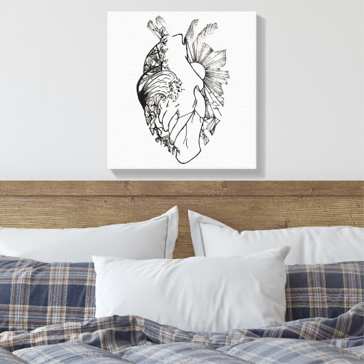 Zwart-wit Hartvormig Ink Art Canvas Print (Insitu (Slaapkamer))