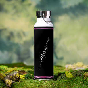 Zwart Wit Heet Roze Elegante Moderne Script Naam Waterfles