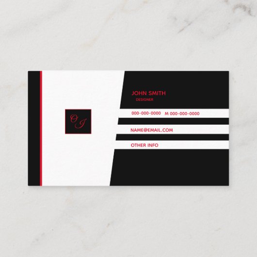 Zwart wit helling rood monogram visitekaartje (Achterkant)