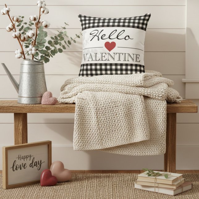Zwart & Wit Hello Valentine Plaid Gingham Kussen (Creator heeft geüpload)