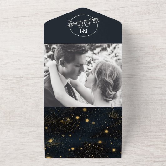 Zwart-wit hemelse bruiloft all in one uitnodiging (Buitenkant)