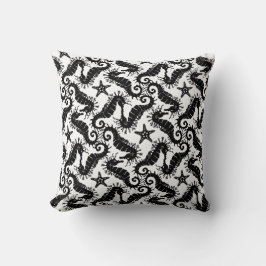 Zwart-wit Herhalend Motief | Zeepaardpatroon Kussen