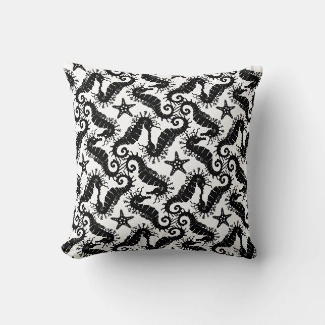 Zwart-wit Herhalend Motief | Zeepaardpatroon Kussen (Voorkant)