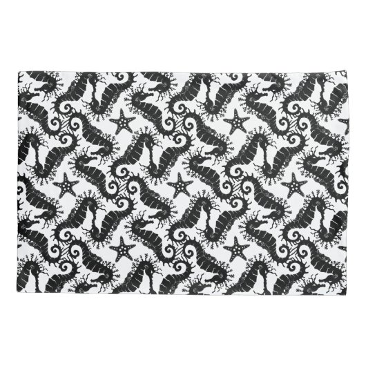 Zwart-wit Herhalend Motief | Zeepaardpatroon Kussensloop (Achterkant)